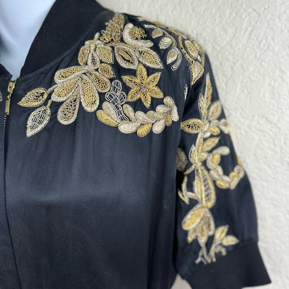 Ginebra Prive black silk w gold metal embroidered accents, cinch waist jumpsuit - Picture 3 of 16